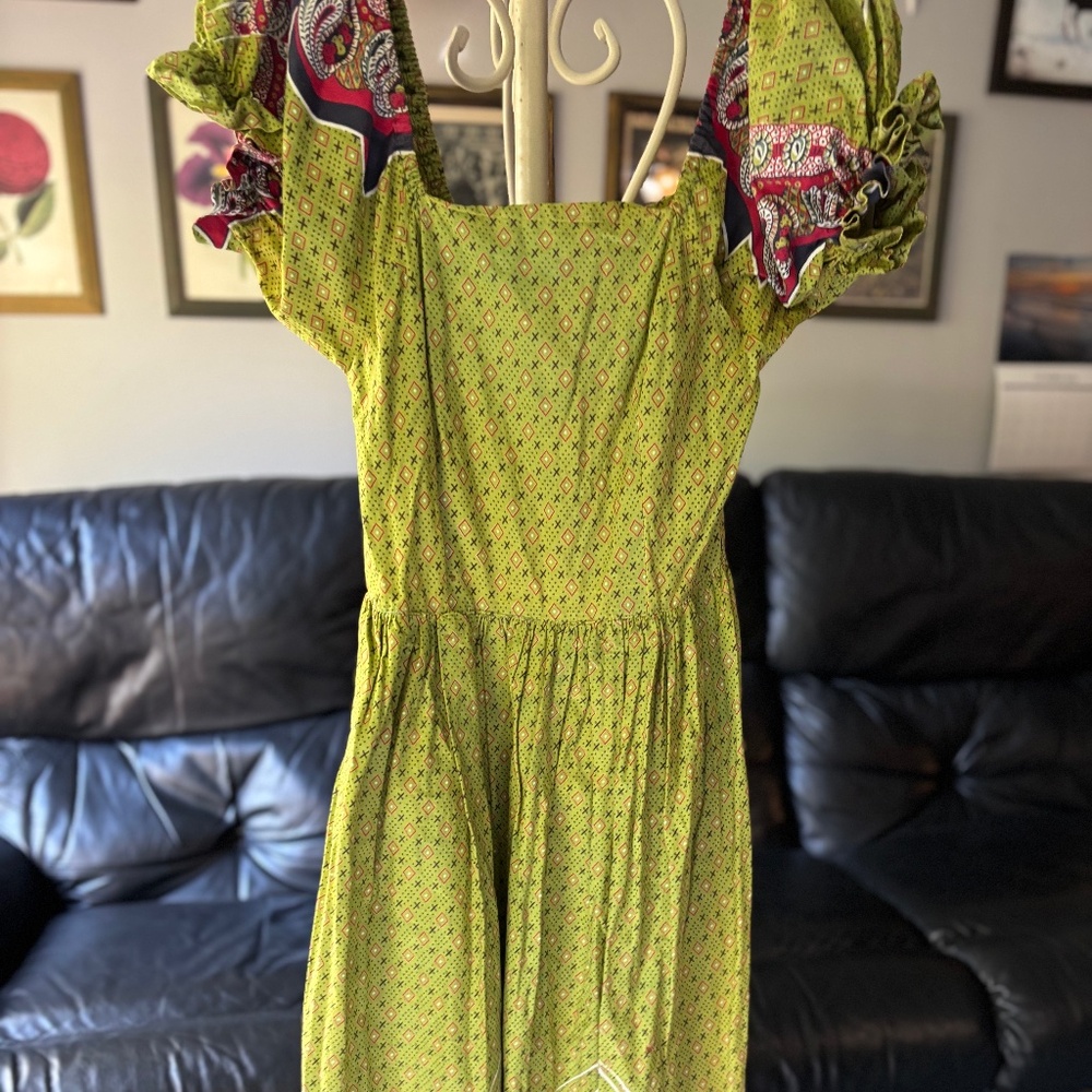 Paisley Dress green w/ red & black accents  vintage pattern